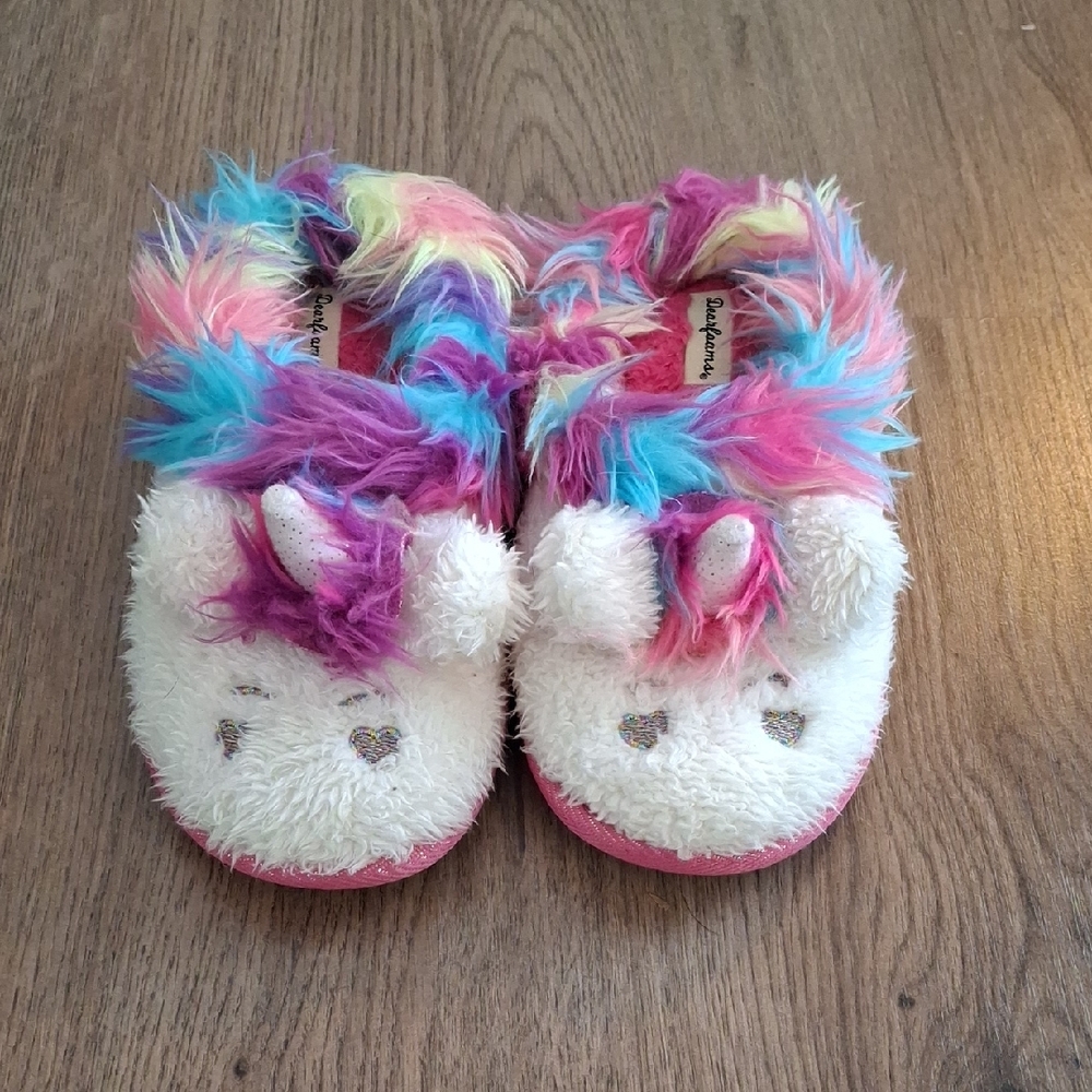 🌟 Dearfoams Multicolor Rainbow Unicorn Furry Slippers 11-12T  🌟